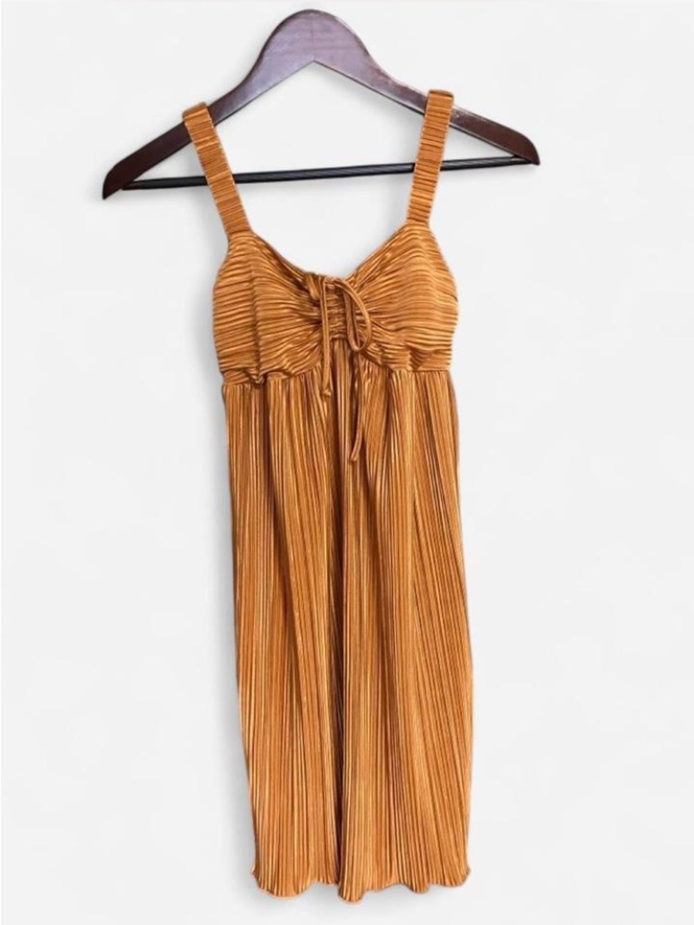 Kirious LA Women’s Bronze Pleated Ruched Babydoll Mini Dress Tie Front Size S - Picture 1 of 7